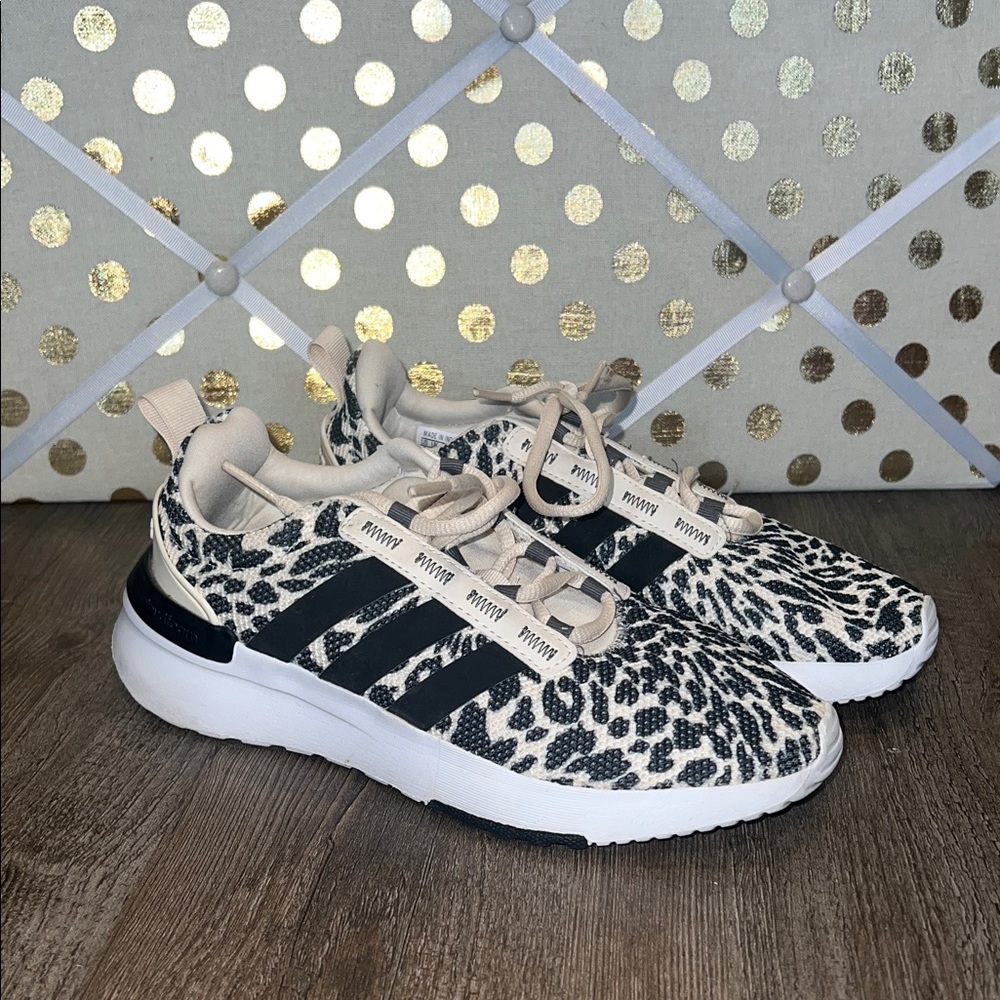 adidas Leopard-Accent Cloudfoam Sneakers in Black & Cream size 4